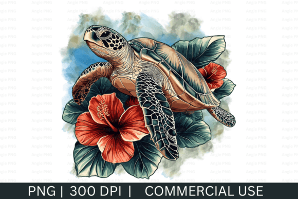 Floral Watercolor Sea Turtle, Summer PNG